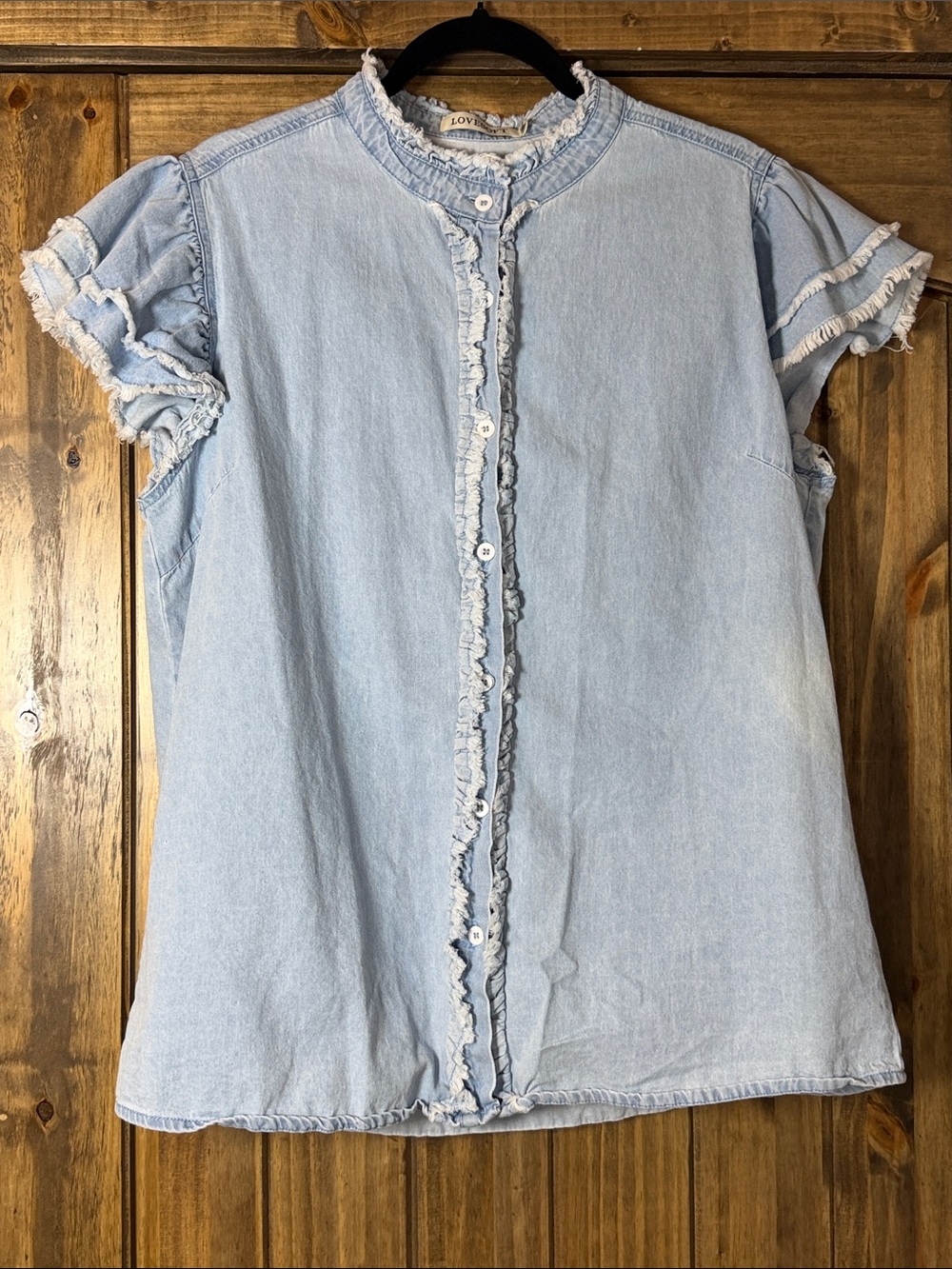 Light Blue Ruffle-Trim Button-Front Denim Blouse